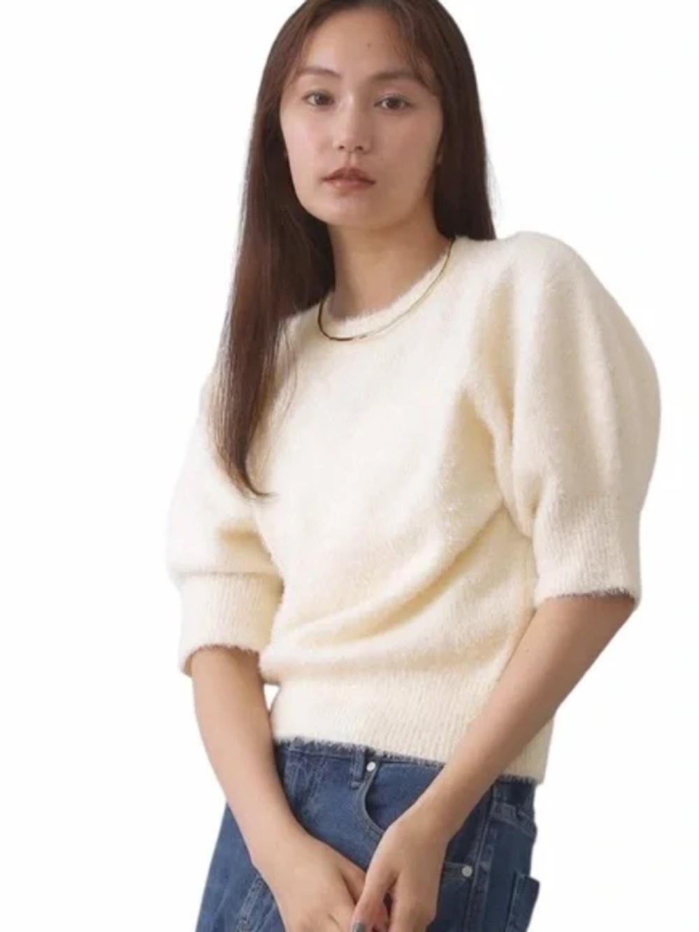 Abercrombie & Fitch Soft A&F Collection Ivory Fuzzy Sweater Puff Short Sleeve